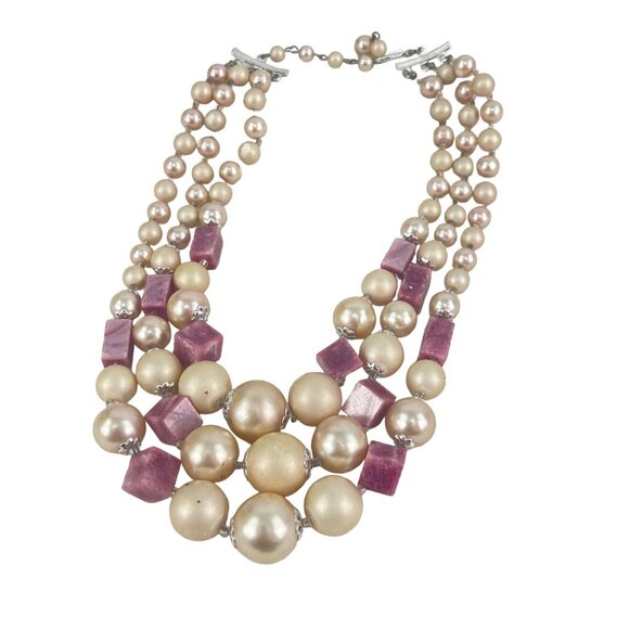 Vintage Three-Strand Pearl & Amethyst Bead Necklace retro 1950s - Picture 2 of 7